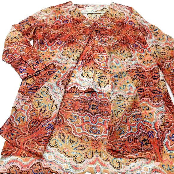 Chico’s Tunic Top 2 L Coral Paisley Light Layer Drapey Coastal Boho Blouse - Picture 12 of 14